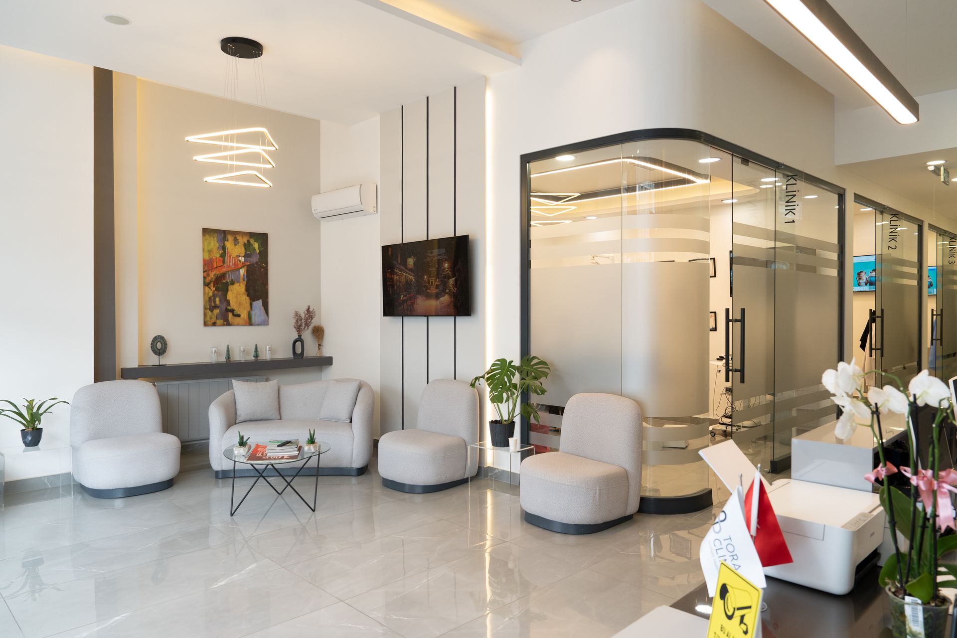 The TORA Clinic waiting area in Istanbul: soft lounge seating beside glass-walled treatment rooms.